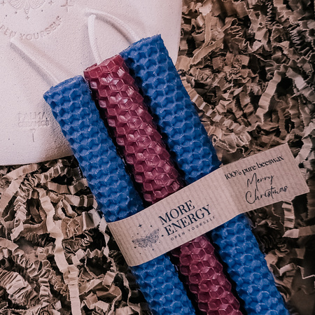 3 świece stołowe burgund - błękit pruski | Naturalne świece z wosku pszczelego | 100% wosk pszczeli