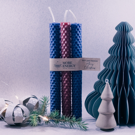 3 świece stołowe burgund - błękit pruski | Naturalne świece z wosku pszczelego | 100% wosk pszczeli