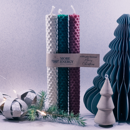 3 świece stołowe burgund - zielony - kość słoniowa | Naturalne świece z wosku pszczelego | 100% wosk pszczeli