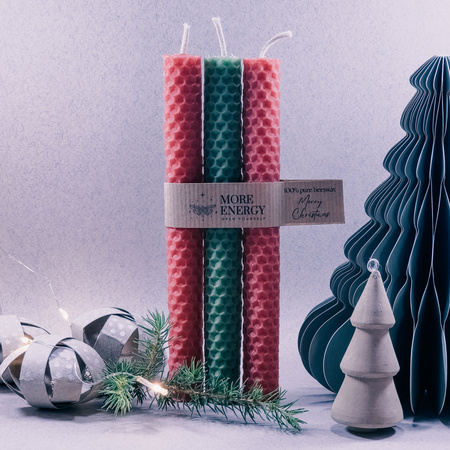 3 świece stołowe ciepła czerwień - świeża zieleń | Naturalne świece z wosku pszczelego | 100% wosk pszczeli